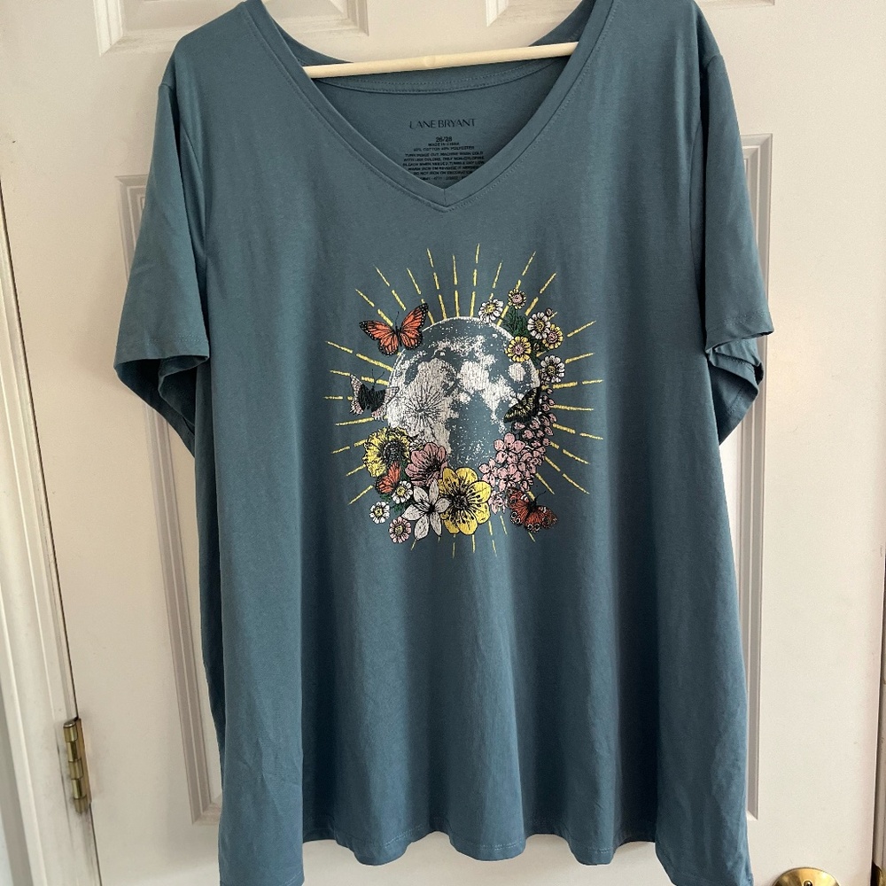Lane Bryant Earth & Flower Printed Women's Tee, V-Neck, Blue/Teal, 26/28